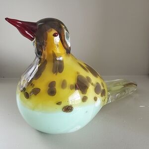 Handblown Glass Bird ,Yellow and Green with Brown Spots